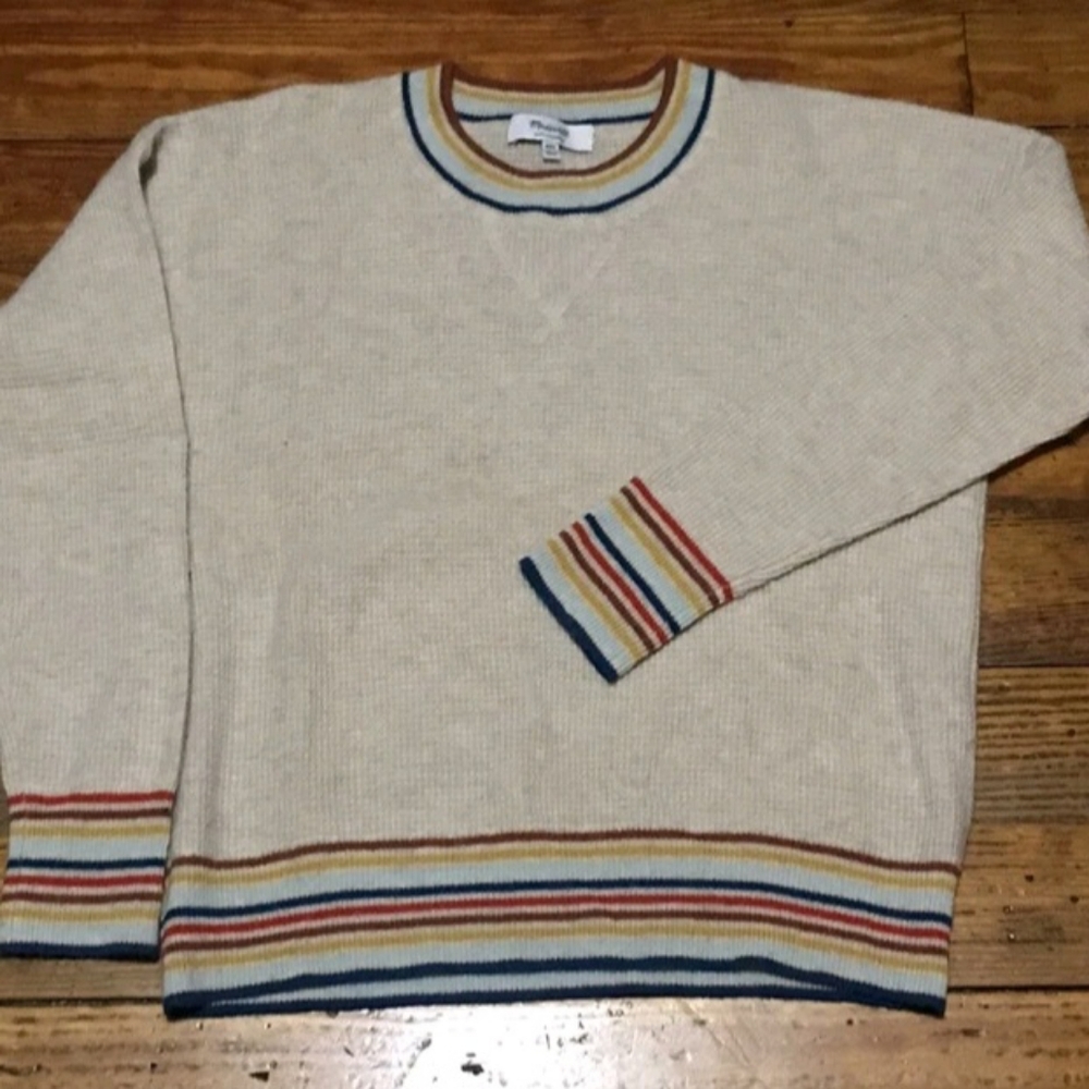 Madewell Cashmere Beige Waffle Knit w/ Multi Stripe Trim Crew Neck Pullover S